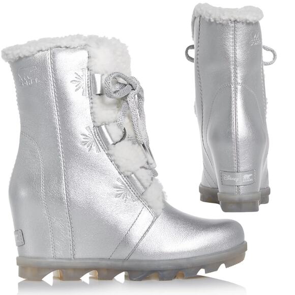 Sorel x Disney Womens Joan of Arctic Ethereal Après Ski Wedge Boots Silver 6.5 - Picture 1 of 13